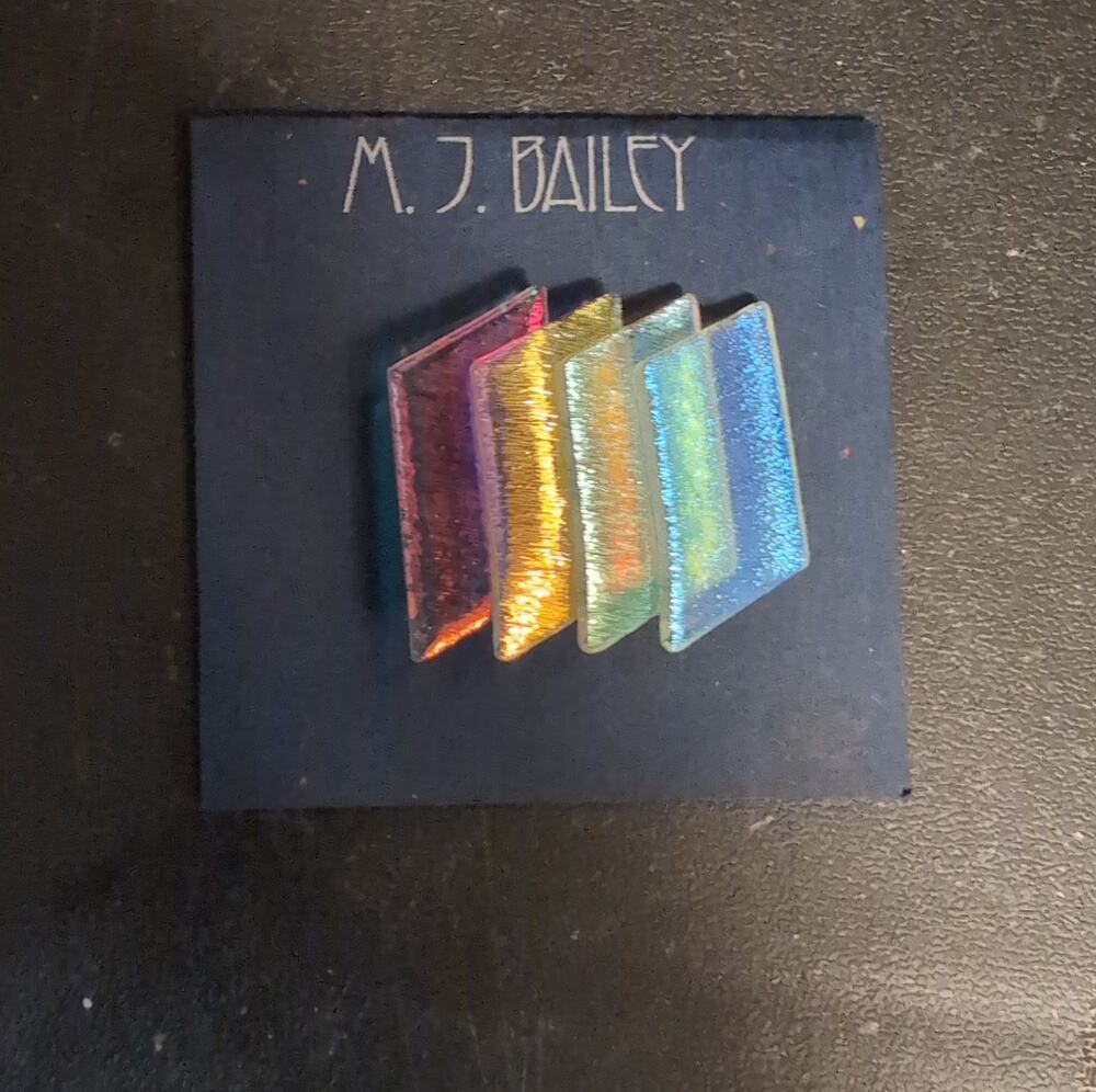 M.J. Bailey fused dichroic glass brooch New On Card Multi Color